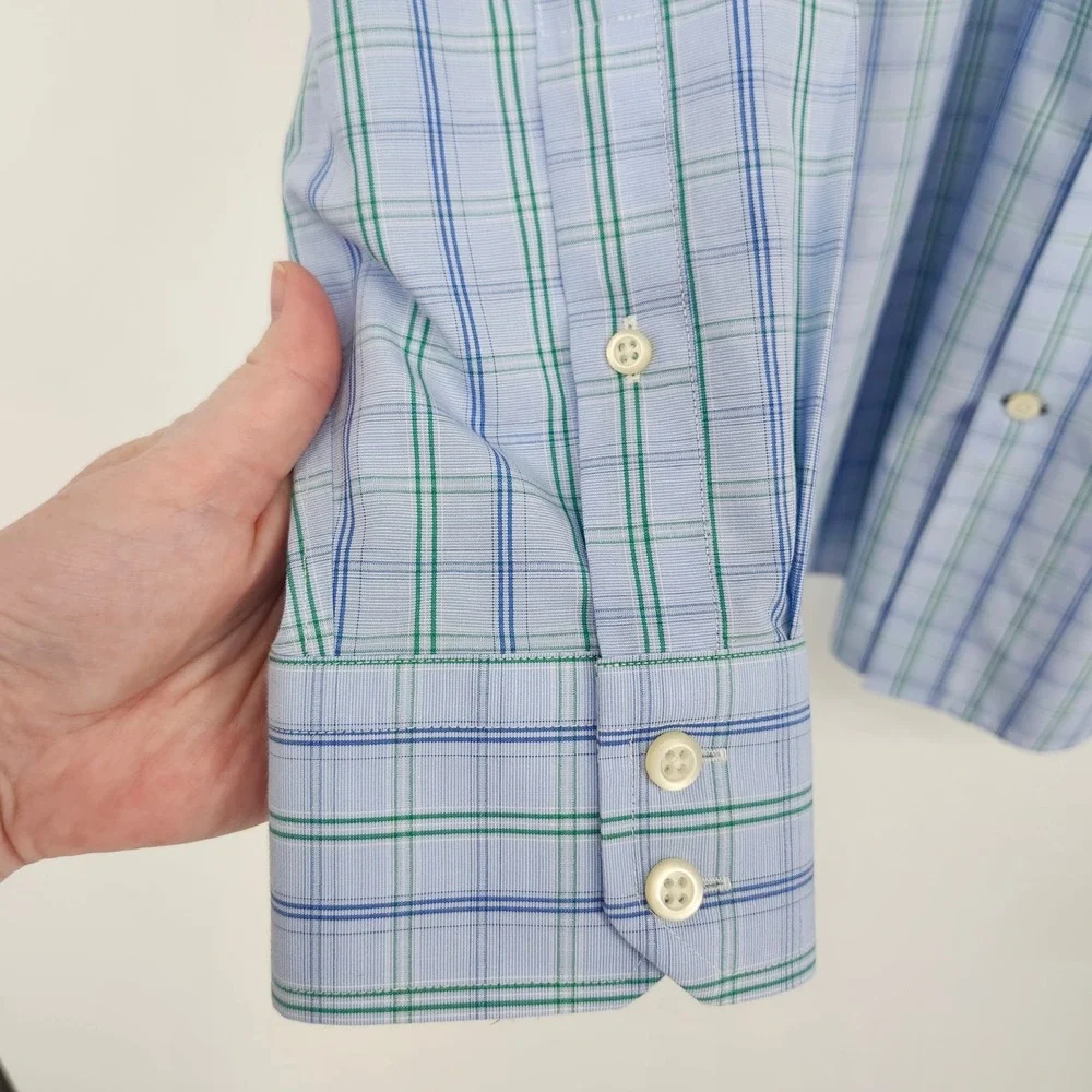 Banana Republic Mens Non Iron Slim Fit Dress Shirt Large Light‎ Blue Green Plaid